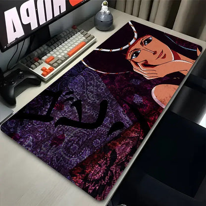 Vibrant purple and black one piece nico robin xxl desk mat with rubber base featuring detailed anime character and japanese calligraphy