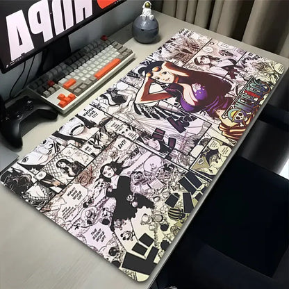 One piece nico robin xxl desk mat with glossy black and white manga collage and purple orange rubber surface