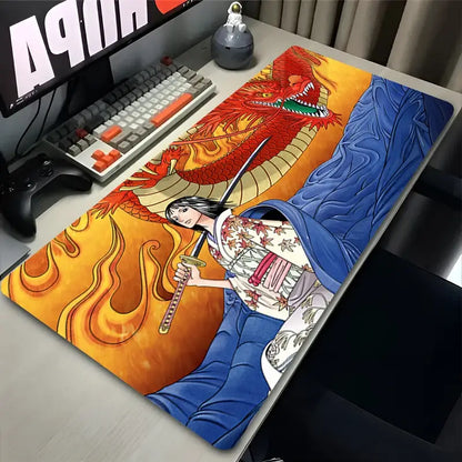 Vibrant one piece nico robin xxl desk mat featuring a warrior illustration on a rubber gaming desk mat