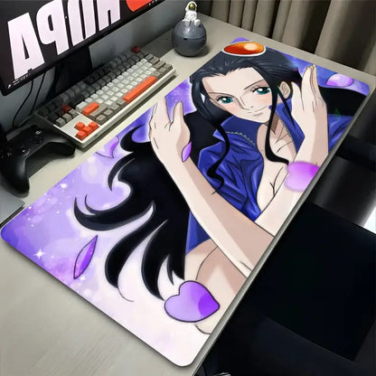 Purple and white one piece nico robin xxl desk mat featuring character with long black hair blue outfit and purple heart accents rubber desk mat
