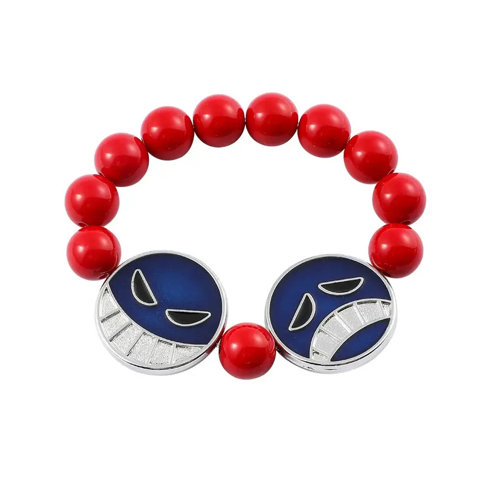 Red beads bracelet featuring blue enamel circular charms with silver trim inspired by one piece portgas d ace