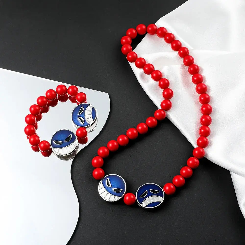 One piece portgas d ace red beads bracelet and matching necklace with blue silver smiley charms anime jewelry