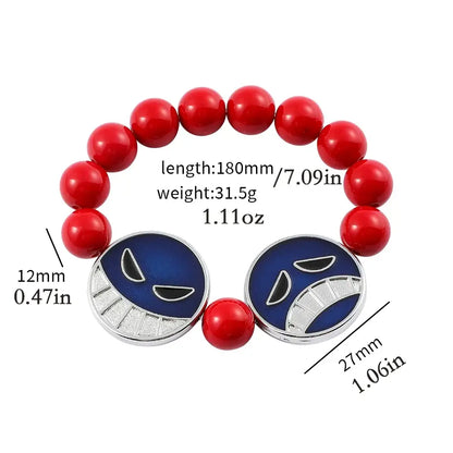 Red beads bracelet featuring two blue enamel charms with silver smiling faces from One Piece Portgas D Ace anime jewelry
