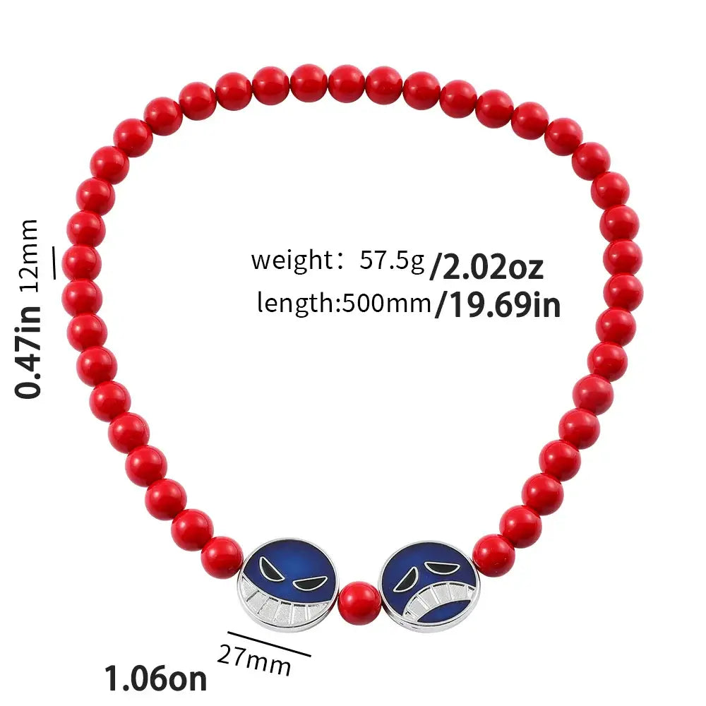 One piece portgas d ace red beads bracelet with blue enamel smiley face charms and silver accents anime jewelry
