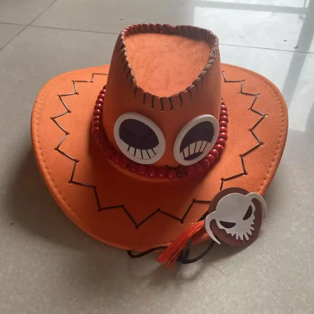 Orange faux-leather portgas d ace cowboy cap with stitched details large cartoon eyes and red beaded necklace unisex fit