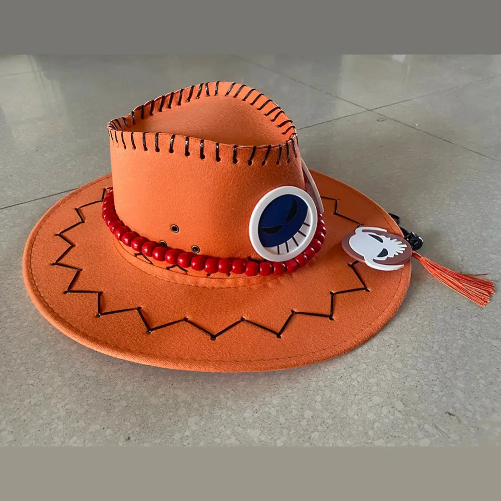 One piece portgas d ace unisex cowboy cap in orange felt with black zigzag stitching red beaded band and white eye patch