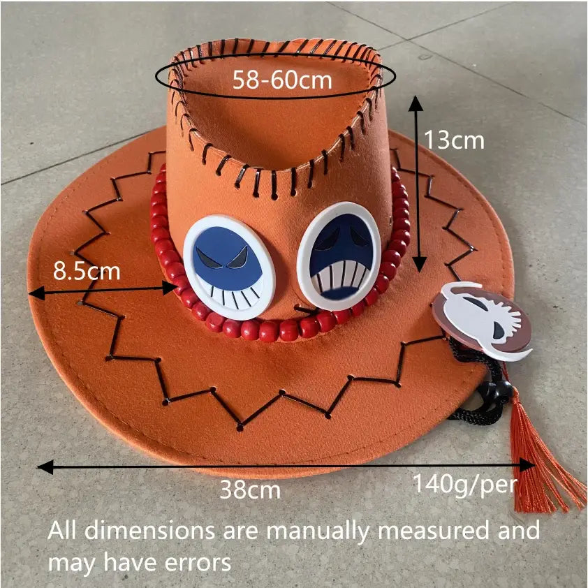 One piece portgas d ace unisex cowboy cap in orange felt with stitched details, cartoon eyes, red bead trim, and tassel