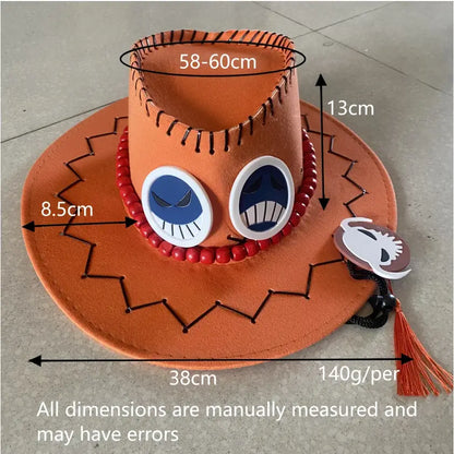 One piece portgas d ace unisex cowboy cap in orange felt with stitched details, cartoon eyes, red bead trim, and tassel