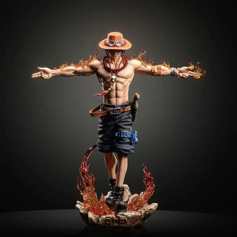 One piece portgas d ace pvc statue 28cm anime figure with orange hat flame effects on arms and base