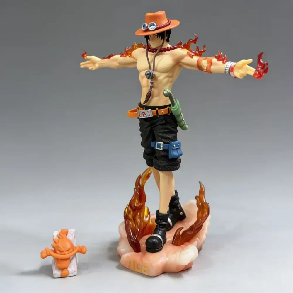 One piece portgas d ace 28cm anime pvc statue with orange hat flame arms black shorts and fiery base ace figure