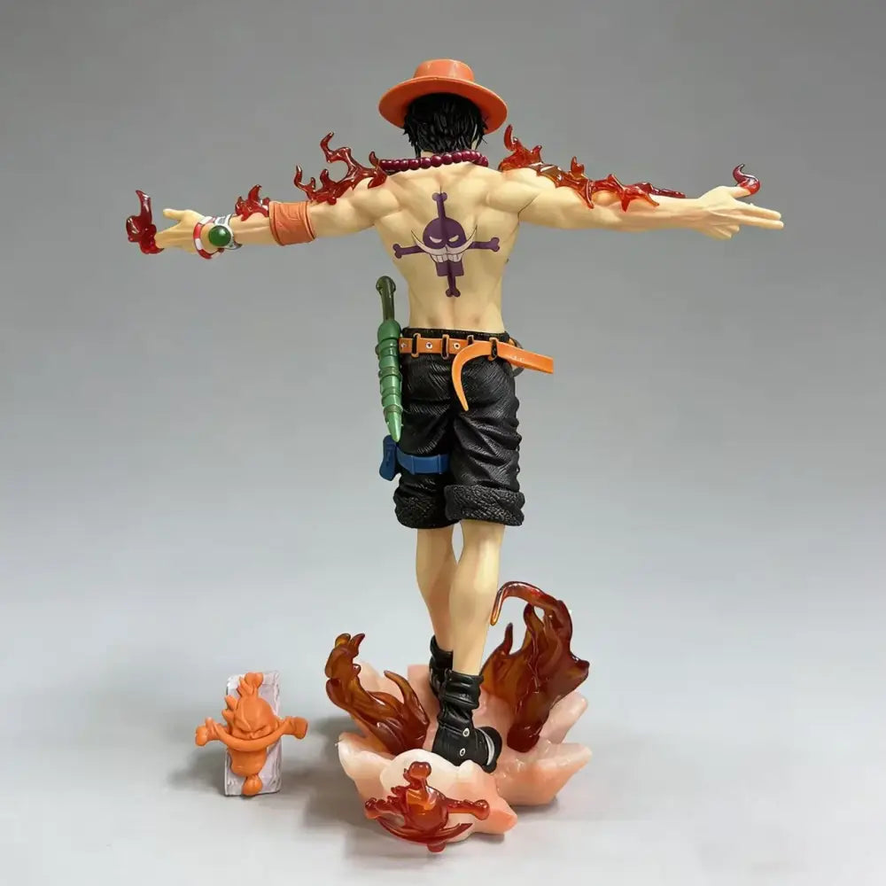 One piece portgas d ace 28cm anime pvc statue showing back with orange hat red flame limbs black shorts and purple skull tattoo