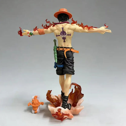 One piece portgas d ace 28cm anime pvc statue showing back with orange hat red flame limbs black shorts and purple skull tattoo