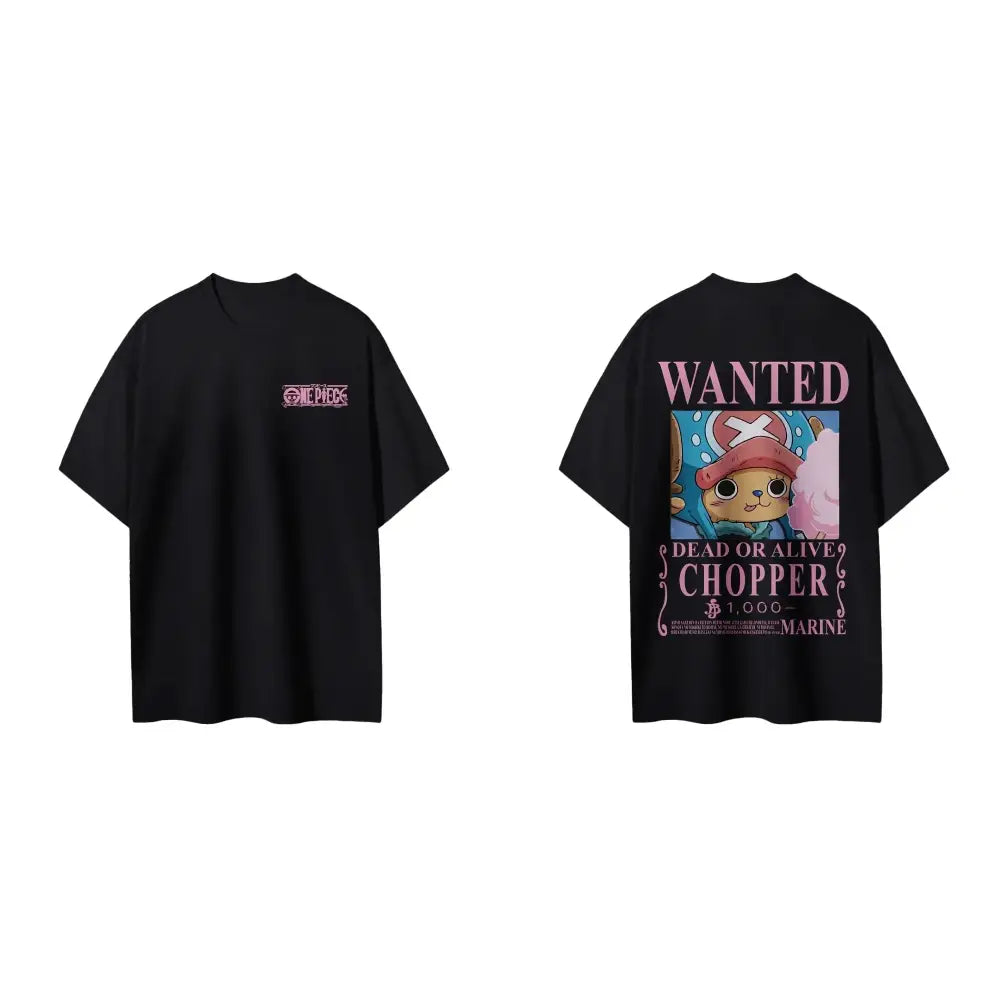 Black short-sleeved cotton anime t-shirt with pink wanted chopper graphic on back and logo on left chest piece portgas