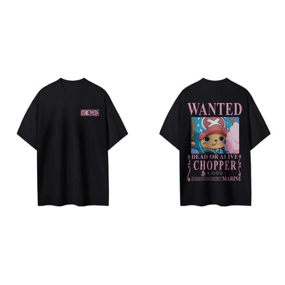 Black short-sleeved cotton anime t-shirt with pink wanted chopper graphic on back and logo on left chest piece portgas