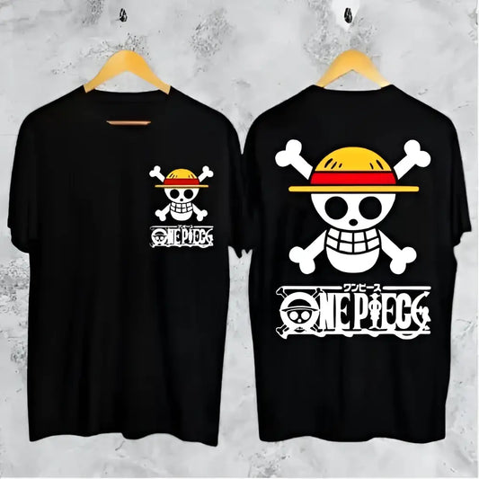 Black short sleeve cotton anime t-shirt featuring a white skull with a yellow straw hat for piece portgas parent-child matching