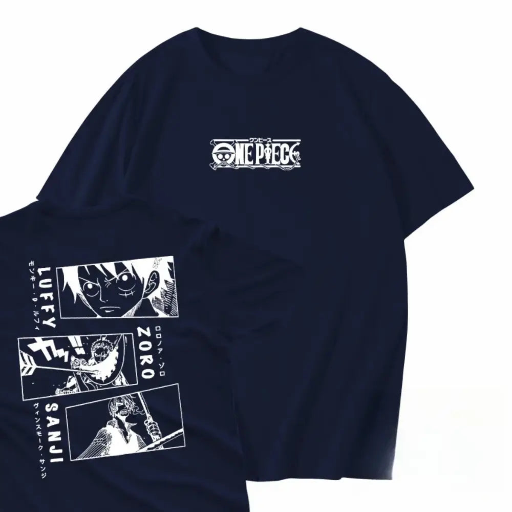 Dark navy blue short sleeve cotton anime t-shirt with white one piece portgas luffy zoro sanji graphic prints and japanese names