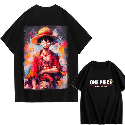 Black cotton anime t-shirt featuring a vibrant monkey d graphic perfect for piece portgas fan and parent-child matching