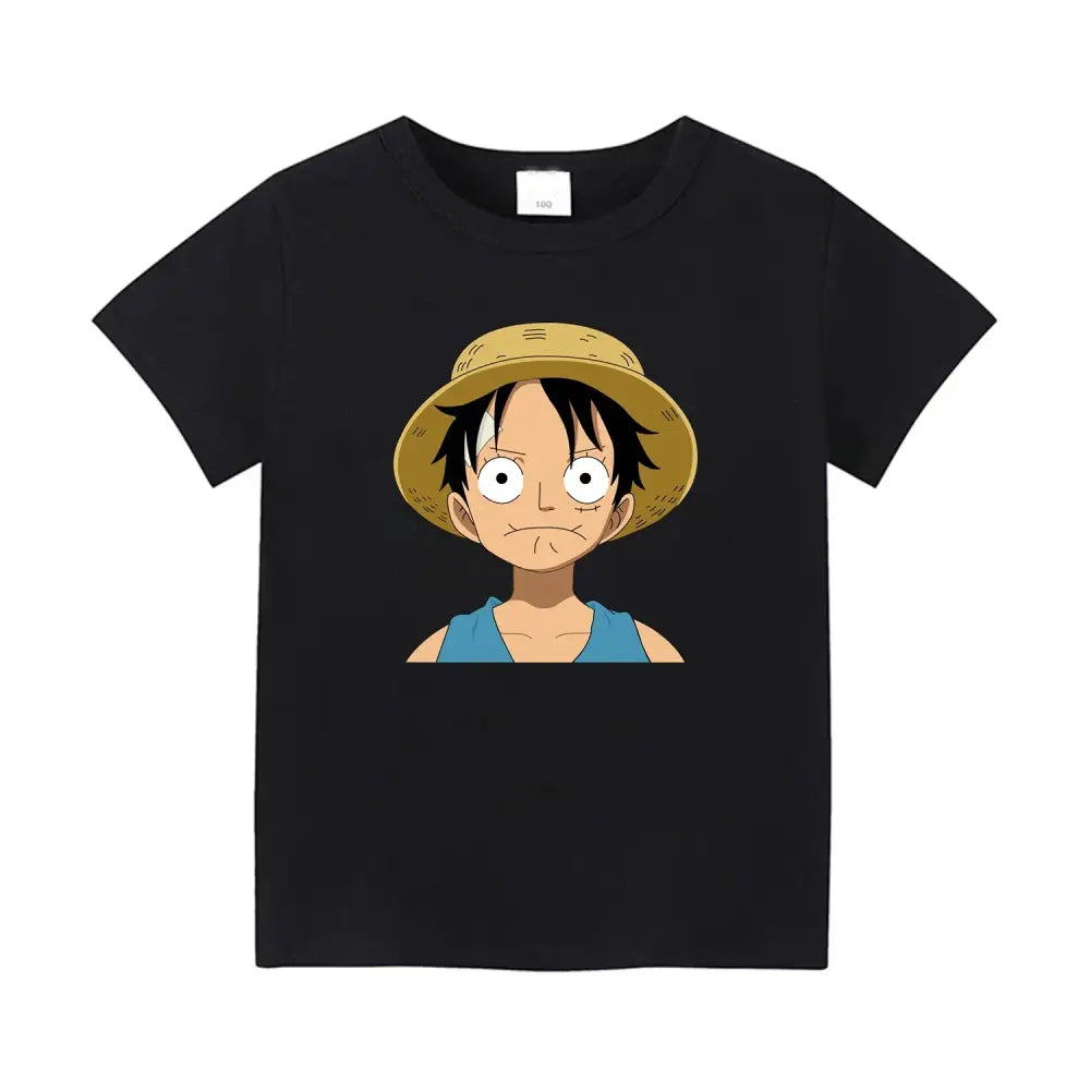 Black short sleeve cotton anime t-shirt featuring luffy in straw hat for piece portgas parent-child matching style