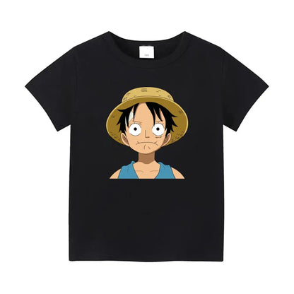 Black short sleeve cotton anime t-shirt featuring luffy in straw hat for piece portgas parent-child matching style
