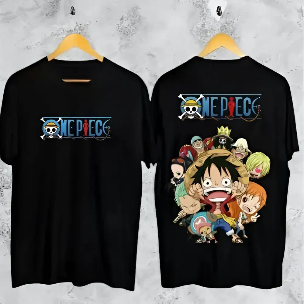 Black cotton anime t-shirt with one piece portgas logo front and colorful straw hat pirates crew back for parent-child matching