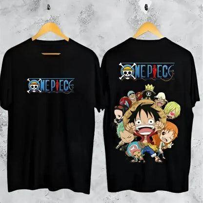 Black cotton anime t-shirt with one piece portgas logo front and colorful straw hat pirates crew back for parent-child matching