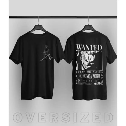 Black oversized one piece portgas cotton anime t-shirt with white roronoa zoro line-art and wanted poster back for parent-child matching