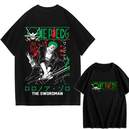 Black cotton one piece portgas d ace anime t-shirt featuring roronoa zoro graphic with the swordman text for parent-child matching