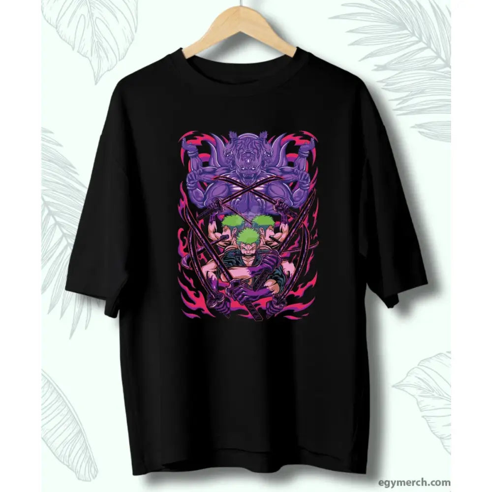 Black short sleeve cotton anime t-shirt with vibrant purple pink roronoa zoro graphic for piece portgas fans
