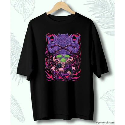 Black short sleeve cotton anime t-shirt with vibrant purple pink roronoa zoro graphic for piece portgas fans