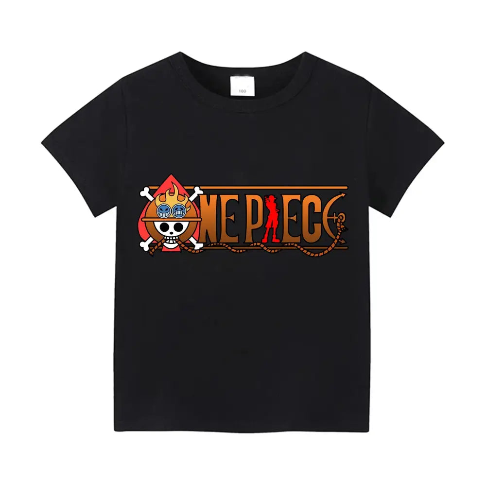 Black short sleeve cotton anime t-shirt with colorful one piece portgas logo featuring skull and crossbones design