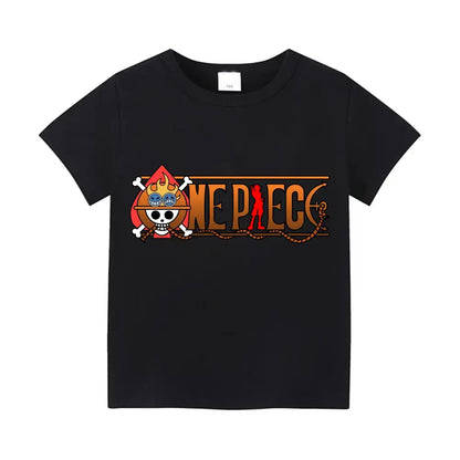 Black short sleeve cotton anime t-shirt with colorful one piece portgas logo featuring skull and crossbones design