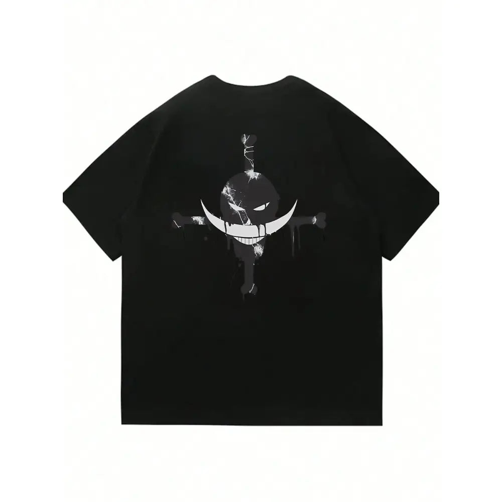 Black short sleeve cotton anime t-shirt featuring white stylized skull with swords lightning bolt piece portgas design