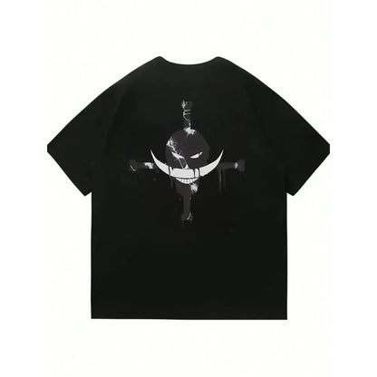 Black short sleeve cotton anime t-shirt featuring white stylized skull with swords lightning bolt piece portgas design