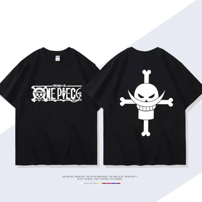 Black short-sleeved cotton anime t-shirt featuring white one piece portgas logo and jolly roger design for parent-child matching