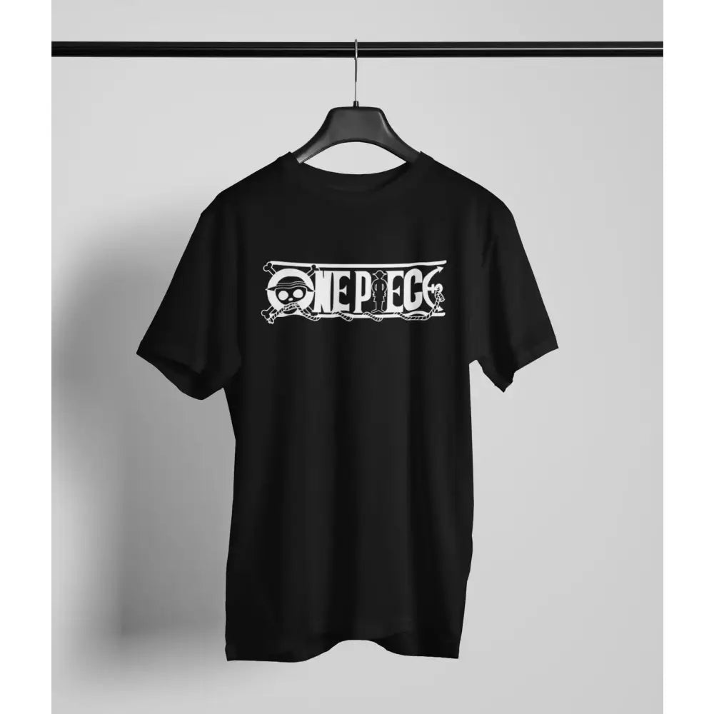 Black short sleeve cotton anime t-shirt with white one piece portgas skull and crossbones logo ideal for parent-child matching