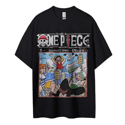 Black short sleeve cotton anime t-shirt featuring colorful one piece portgas ace romance dawn arc graphic for parent-child matching
