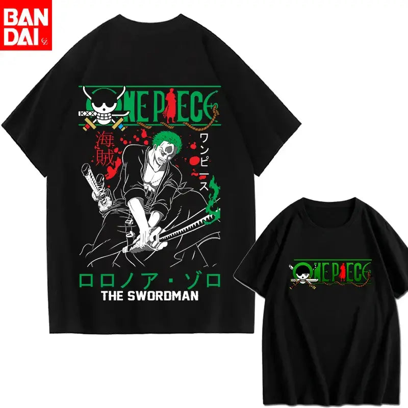Black cotton anime t-shirt featuring roronoa zoro graphic with green and red sword accents for piece portgas fans