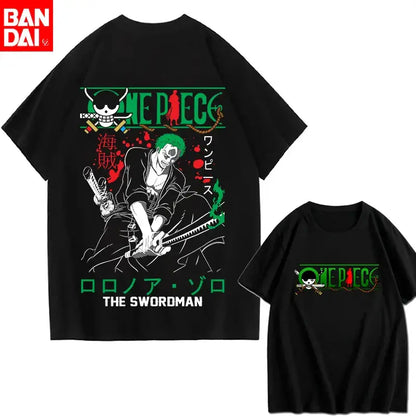 Black cotton anime t-shirt featuring roronoa zoro graphic with green and red sword accents for piece portgas fans