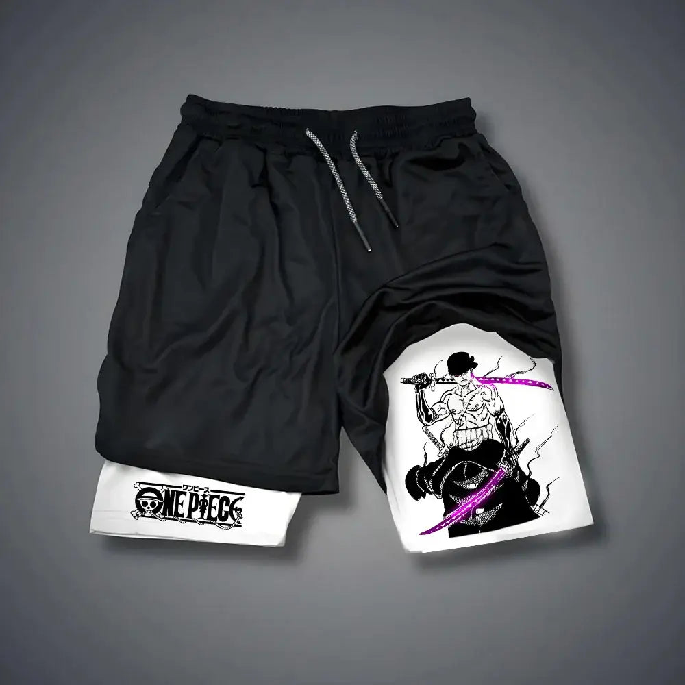 Black and white one piece roronoa zoro 2-in-1 double layer athletic shorts with compression liner and purple sword graphic