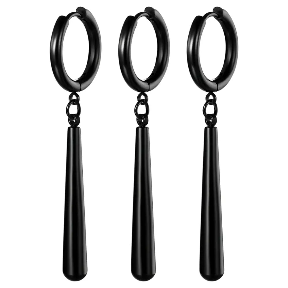 One piece roronoa zoro dangle earrings featuring black stainless steel hoop with sleek tapered drop charms