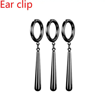Set of three sleek black metallic one piece roronoa zoro dangle earrings with stainless steel hoop and drop pendant