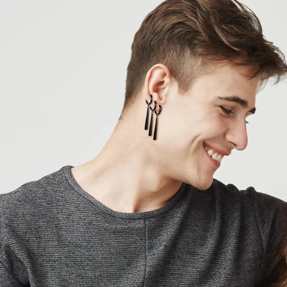 Black sleek multi-tiered hoop one piece roronoa zoro dangle earrings with stainless steel cylindrical accents