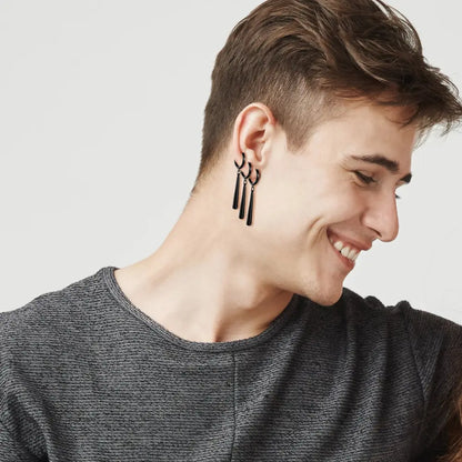 Black sleek multi-tiered hoop one piece roronoa zoro dangle earrings with stainless steel cylindrical accents
