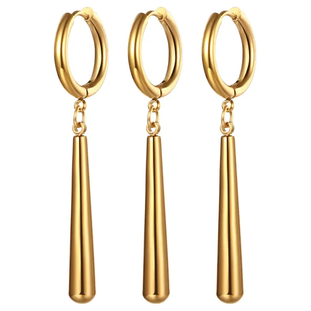 Gold-colored stainless steel one piece roronoa zoro dangle hoop earrings with sleek cylindrical drops
