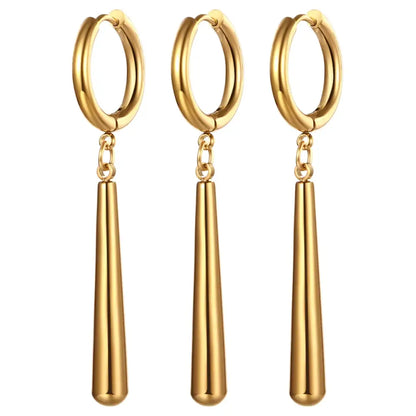 Gold-colored stainless steel one piece roronoa zoro dangle hoop earrings with sleek cylindrical drops