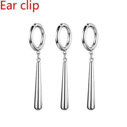 Silver-toned stainless steel one piece roronoa zoro hoop ear clips with dangling teardrop pendants