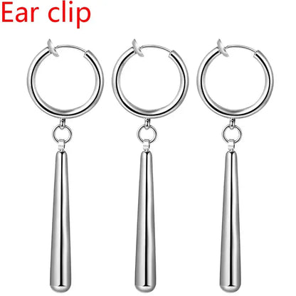 Silver-toned stainless steel hoop ear clips with sleek cylindrical dangle drops one piece roronoa zoro earrings