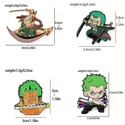Set of four metallic enamel pins featuring roronoa zoro dynamic poses as part of one piece metal badge collection