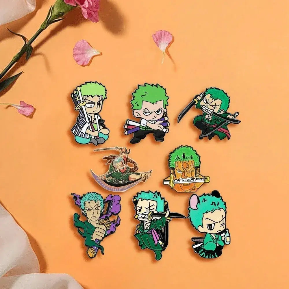 Set of seven colorful enamel metal badges featuring chibi roronoa zoro from one piece with vibrant green hair and detailed clothes