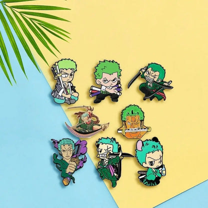 Set of seven chibi style roronoa zoro enamel metal badge pins with green and teal hair and detailed swords on colorful background